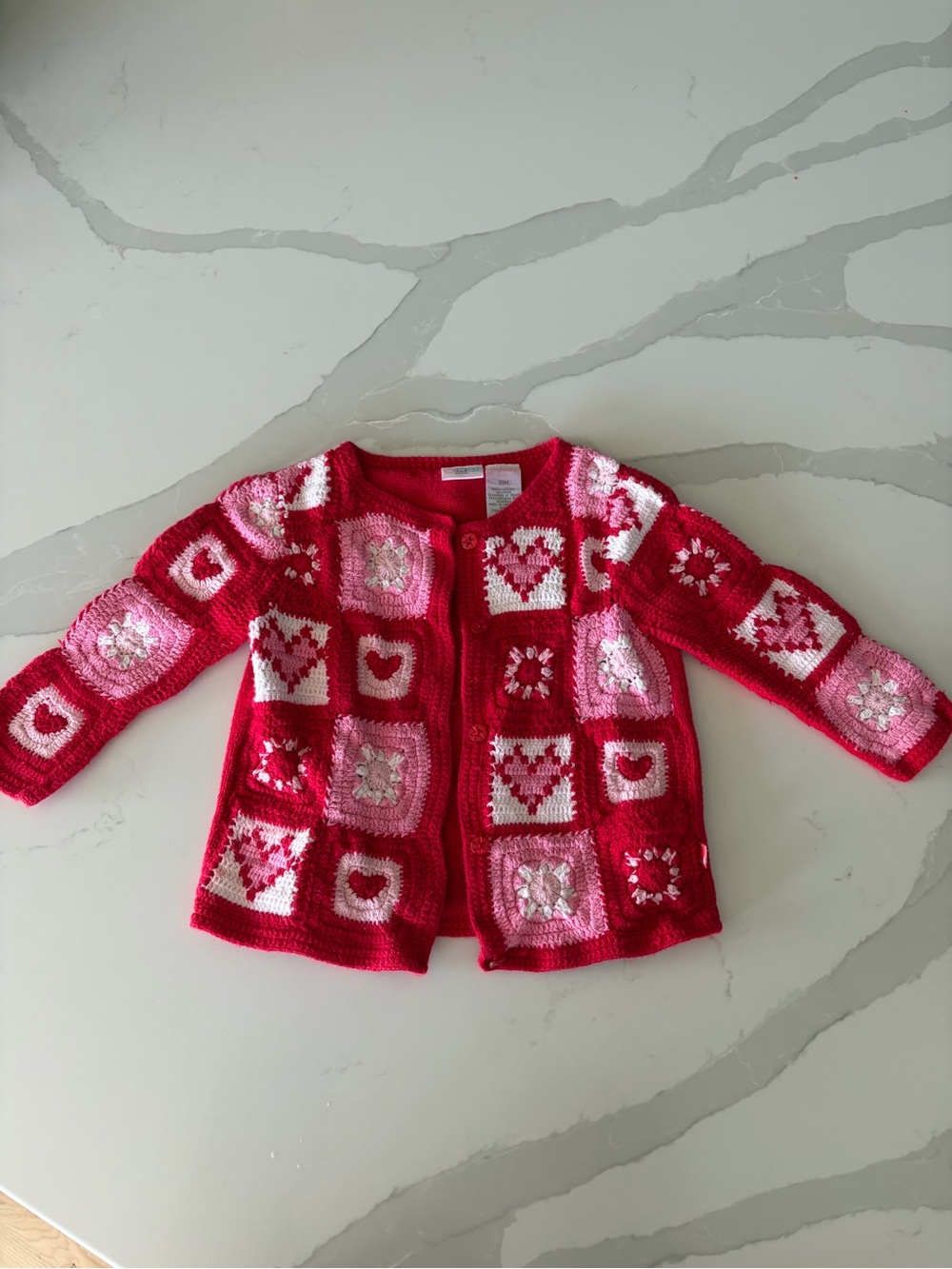 KRU little Vtg 90s y2k Girls 18M Knit Granny Squares Cotton Heart Cardigan